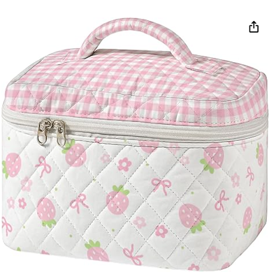 Bolsa de Maquiagem Grande Acolchoada Padrão de Costura Vintage Estojo de Viagem Cosmético para Mulheres Estética Patchwork Organizador de Higiene Pessoal com Alça Skincare Pincéis Acessórios