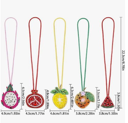 5PCS Pingente de Bolsa com Miçangas Frutadas para Bolsas de Verão | Pingente de Bolsa Pequena, Pitaya Romã Melancia Laranja Limão, Miçangas e Strass, Costurado à Mão
