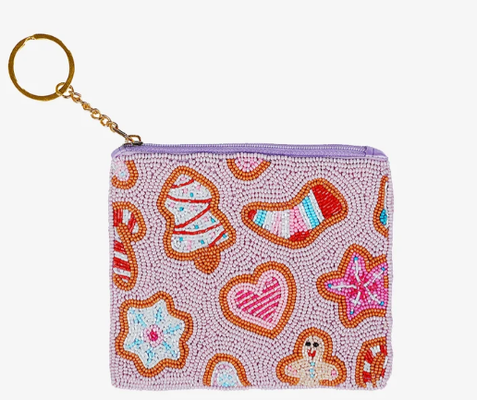 Bolsa de moedas com miçangas, com detalhes em vidro e acrílico na frente e atrás, fecho superior com zíper e chaveiro dourado para conveniência