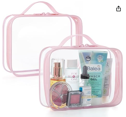 Saco sanitário transparente com alça de 2 pacotes TSA aprovado, rosa. Saco sanitário de viagem resistente à água, saco de acessórios de viagem, sacos de avião de quarto tamanho, mulheres, homens, maquiagem