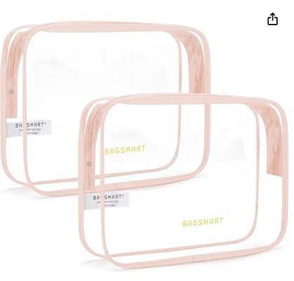 Saco sanitário transparente com alça de 2 pacotes TSA aprovado, rosa. Saco sanitário de viagem resistente à água, saco de acessórios de viagem, sacos de avião de quarto tamanho, mulheres, homens, maquiagem