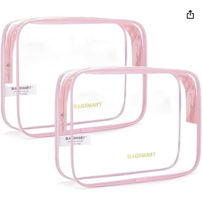 Saco sanitário transparente com alça de 2 pacotes TSA aprovado, rosa. Saco sanitário de viagem resistente à água, saco de acessórios de viagem, sacos de avião de quarto tamanho, mulheres, homens, maquiagem