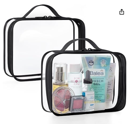 Saco sanitário transparente com alça de 2 pacotes TSA aprovado, rosa. Saco sanitário de viagem resistente à água, saco de acessórios de viagem, sacos de avião de quarto tamanho, mulheres, homens, maquiagem