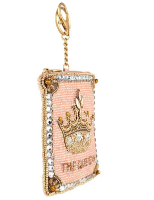 Moeda de jóia coroada bolsa bolsa bolsa de moedas rosa macia de contas com coroa de ouro brilhante fechamento fácil fechamento zíper gatilho aberto chave de gancho anel e cartão de crédito ajustável design compacto