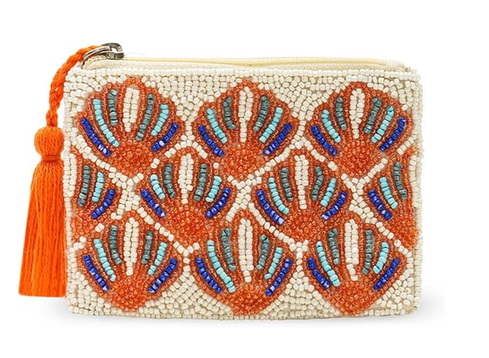 America & Beyond Estampa de Concha com Contas Porta-Moedas || Bolsa de Concha Feita à Mão com Contas || Porta-Moedas com Zíper para Mulheres || Mini Bolsa Costeira