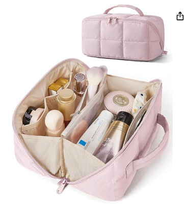 Necessaire de Maquiagem de Viagem, Organizador de Artigos de Higiene Pessoal com Abertura Ampla 25 * 13 * 13 cm abre totalmente para 26 cm de largura, repelente à água, à prova de vazamentos, PVC e compartimentos para pincéis, cabe maquiagem em tamanho real, compatível com TSA