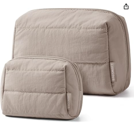 Saco de maquiagem de viagem com almofada grande e pequena para mulheres com almofada, conjunto de organizador de cosméticos de viagem, saco de higiene grande e bolsa de bolso pequena, itens essenciais de viagem